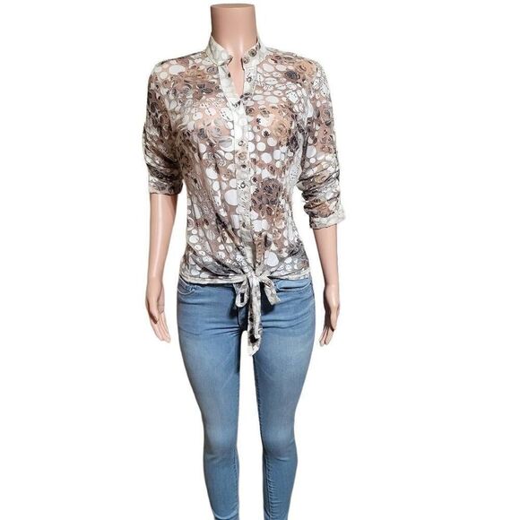 Pulp button down tie front abstract 3/4 sleeve mandarin collar top S - Picture 2 of 5